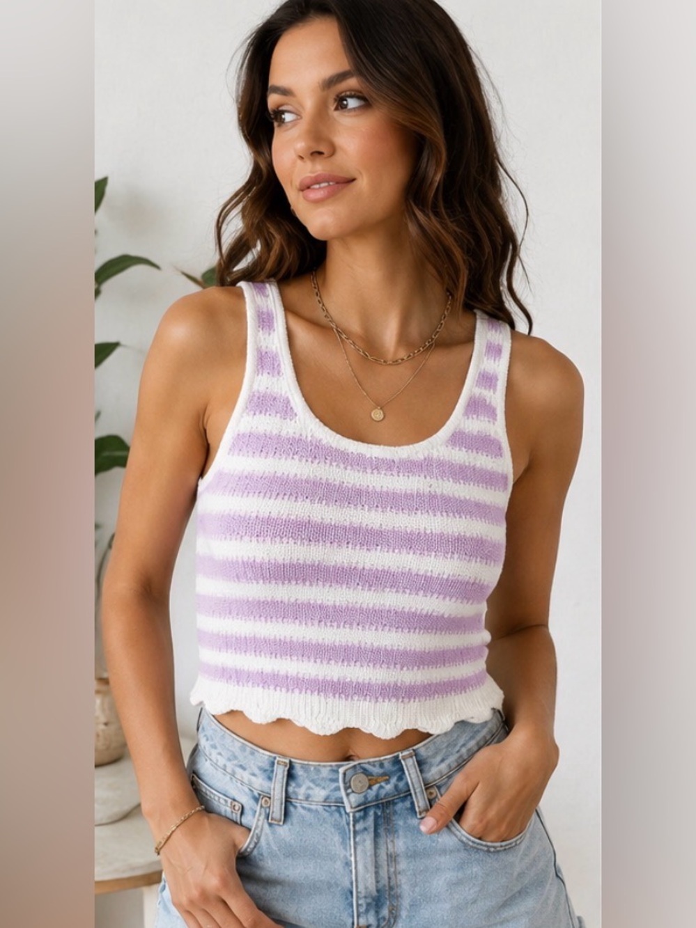 Willow & Wind Purple White Striped Knit Scalloped Crop Tank Top Medium